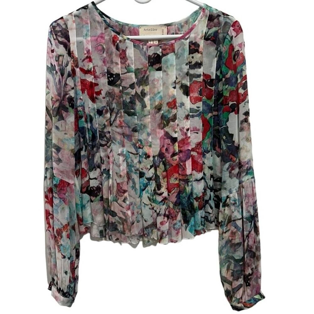 Arteries Nicole Miller Top Women P Sheer Watercolor Pintuck Boho Career Spring